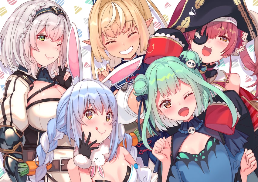 houshou marine, usada pekora, shirogane noel, uruha rushia, shiranui flare, and 1 more (hololive) drawn by tonarikeru