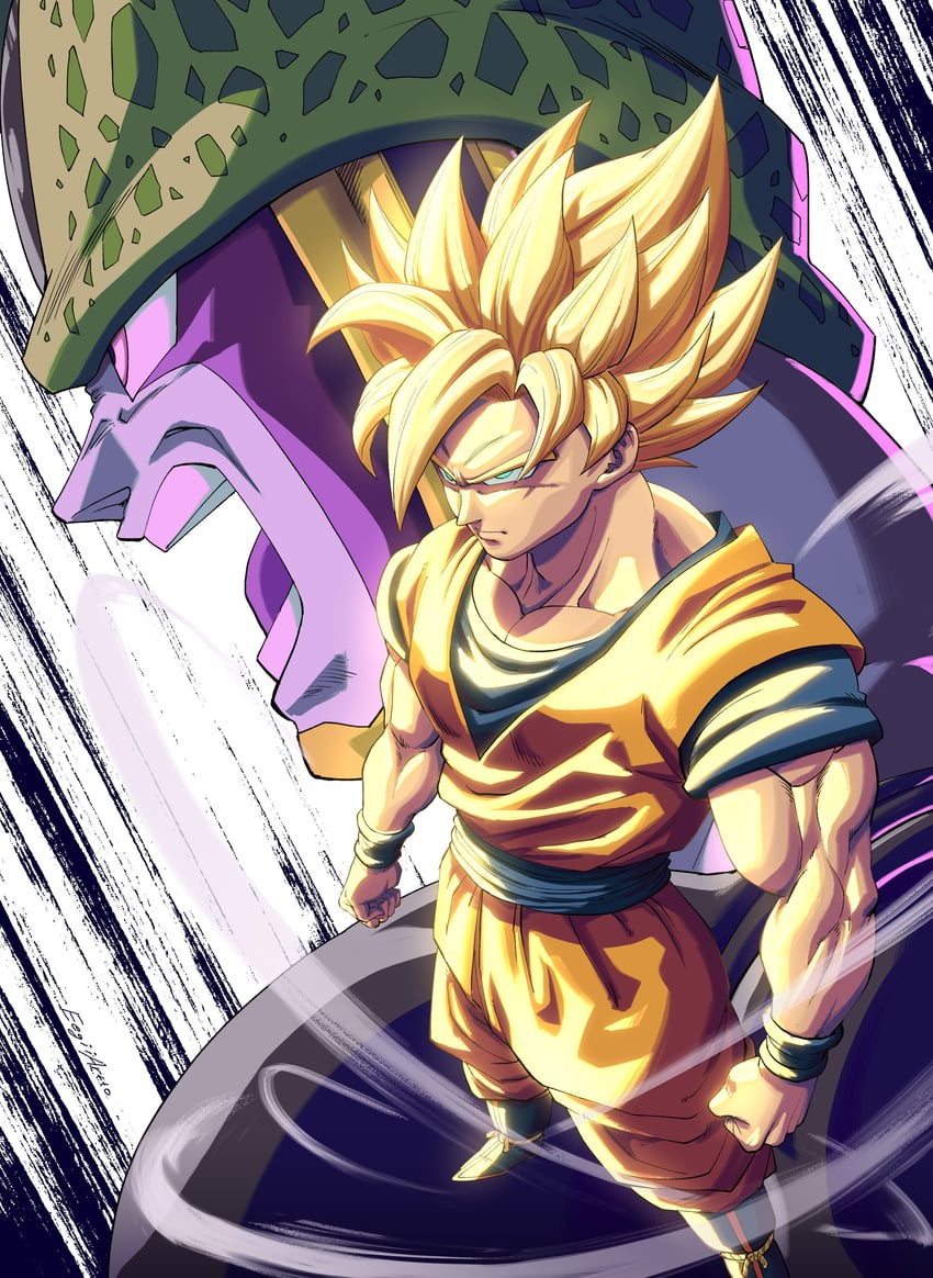 son goku, cell, and perfect cell (dragon ball and 1 more) drawn by eegiiartto