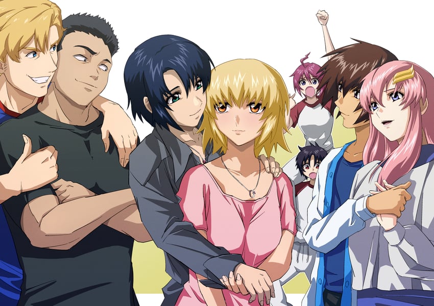 ao isami, lewis smith, cagalli yula athha, athrun zala, lacus clyne, and 4 more (gundam and 4 more) drawn by takatoshi