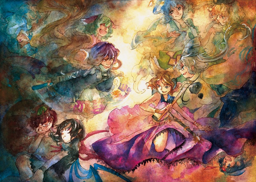tatara kogasa, hijiri byakuren, houjuu nue, toyosatomimi no miko, mononobe no futo, and 5 more (touhou) drawn by campanula-star