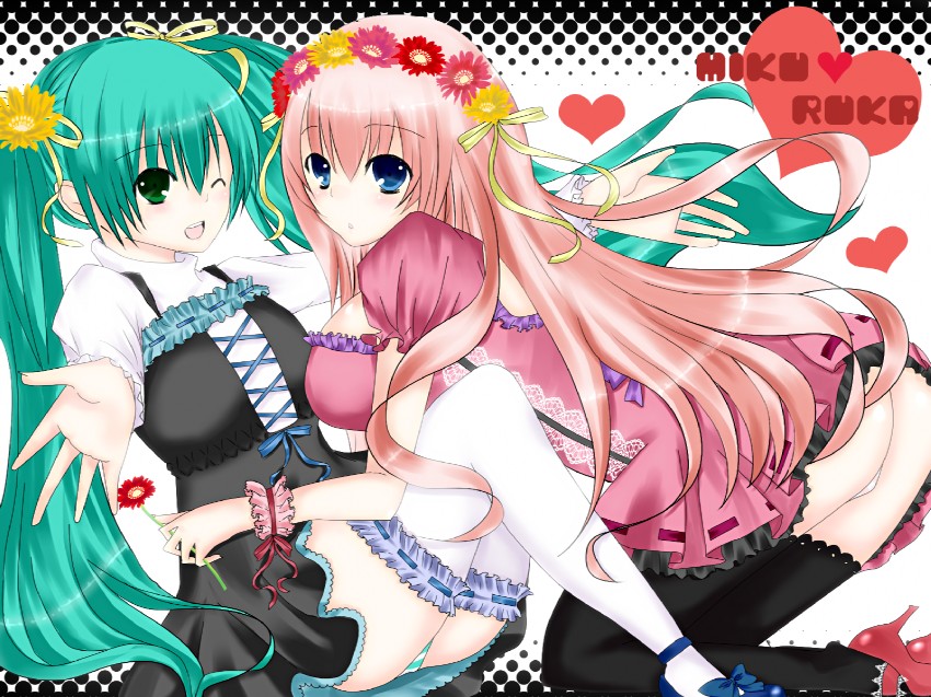 hatsune miku and megurine luka (vocaloid) drawn by kokonoe_yomogi