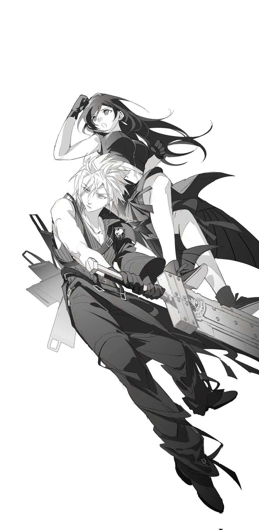 tifa lockhart, cloud strife, and fenrir (final fantasy and 2 more) drawn by duoj_ji