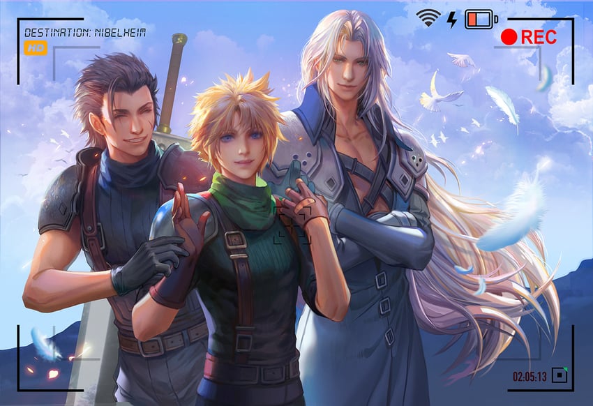 cloud strife, sephiroth, and zack fair (final fantasy and 2 more) drawn by fan_yang_(jiuge)