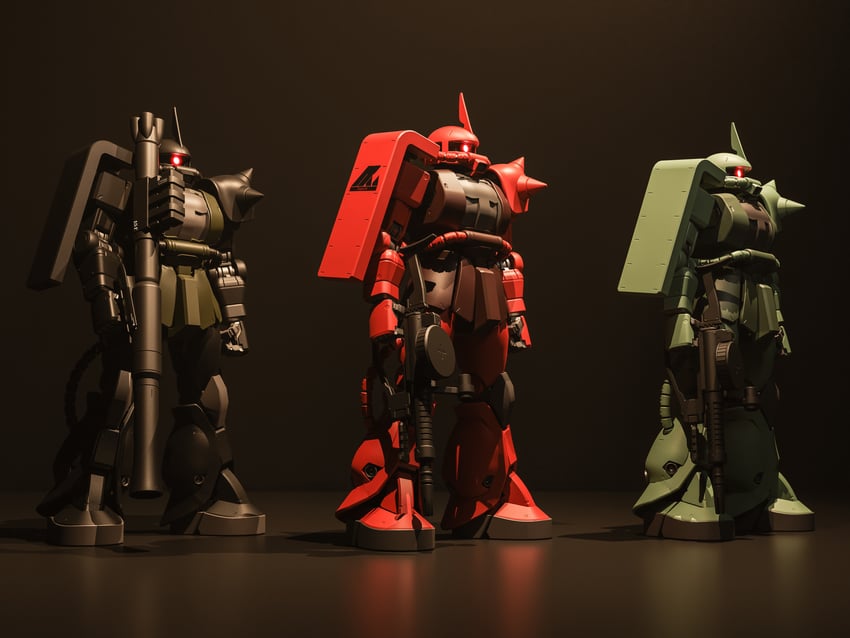 zaku ii, zaku ii s char custom, and zaku ii s (gundam and 1 more) drawn by mjeff