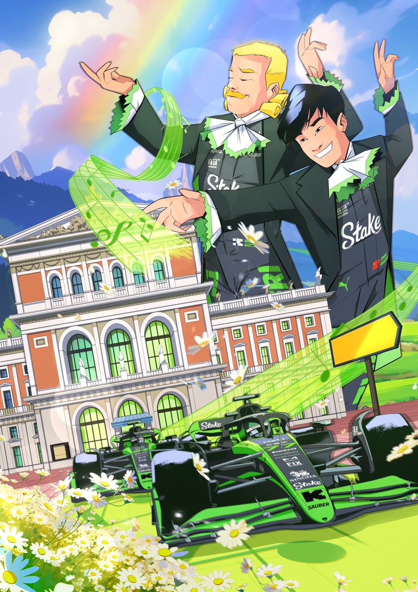 zhou guanyu and valtteri bottas (real life and 1 more) drawn by juan_alcala