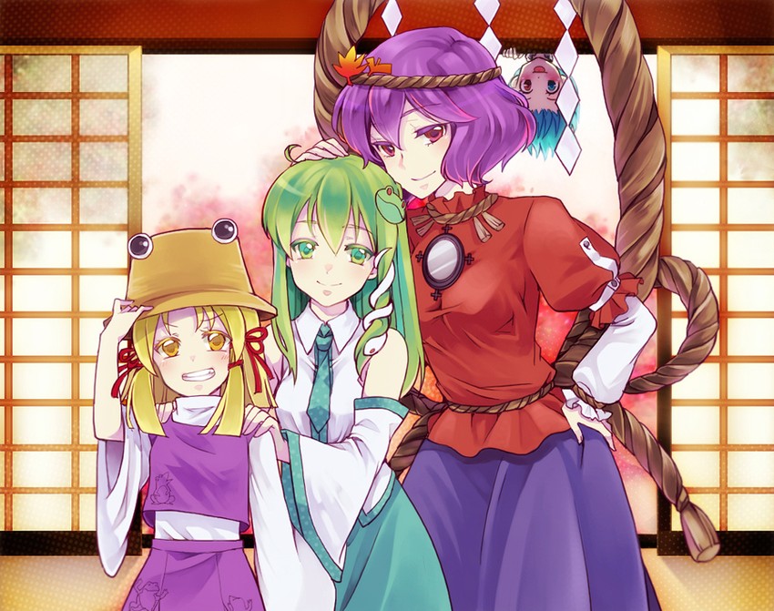 kochiya sanae, moriya suwako, tatara kogasa, and yasaka kanako (touhou) drawn by ruru_(lamourouge)