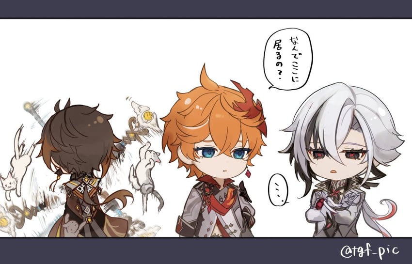 zhongli, tartaglia, and arlecchino (genshin impact) drawn by tgf_pic