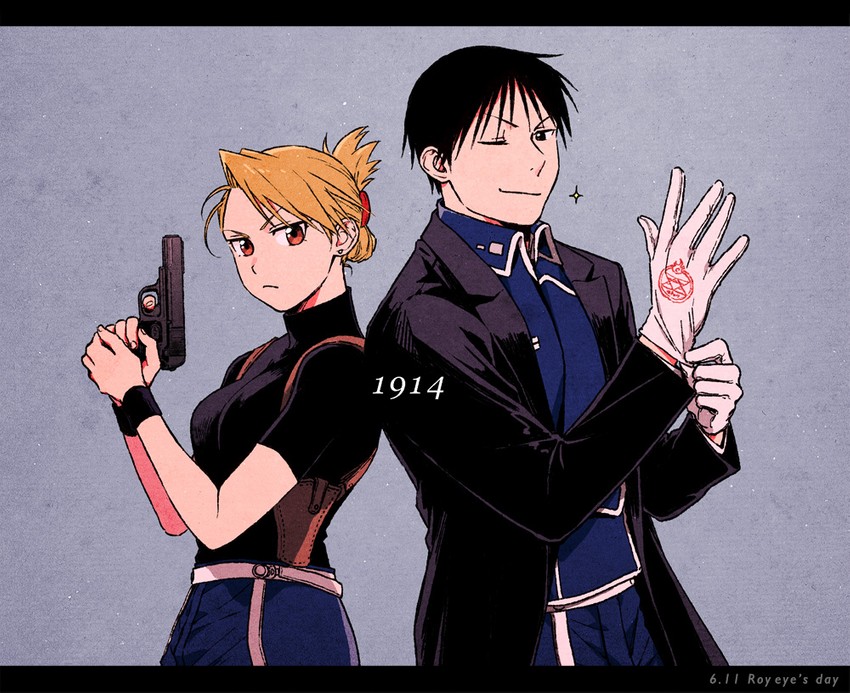 riza hawkeye and roy mustang (fullmetal alchemist) drawn by hanayama_(inunekokawaii)