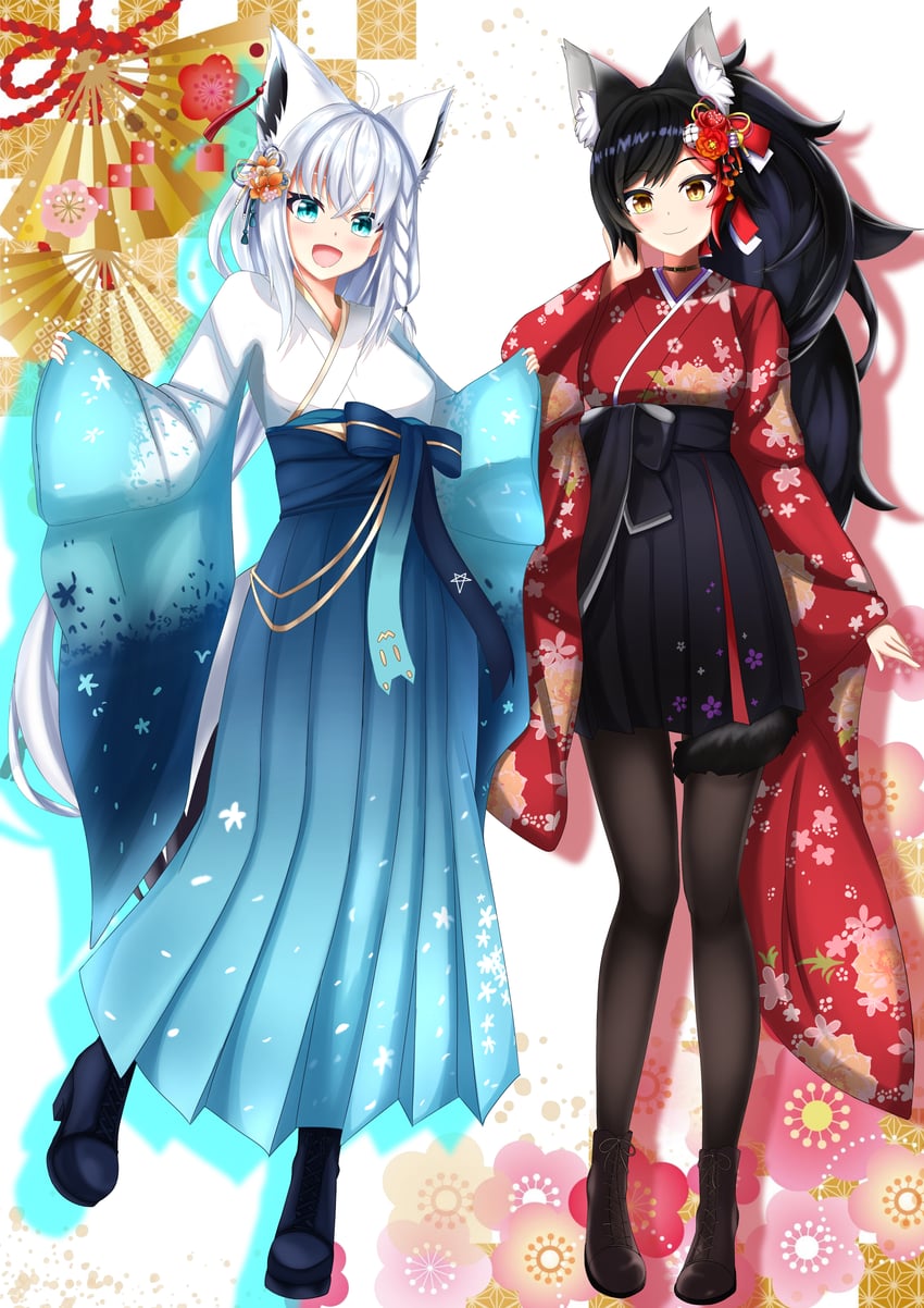 shirakami fubuki and ookami mio (hololive) drawn by ayana_haku