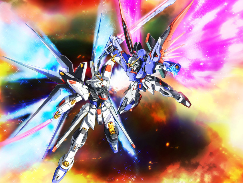 destiny gundam and strike freedom gundam (gundam and 2 more) drawn by eblmeka
