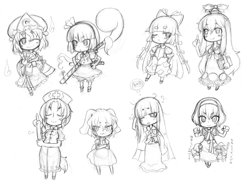 kirisame marisa, konpaku youmu, alice margatroid, fujiwara no mokou, saigyouji yuyuko, and 4 more (touhou) drawn by jon_henry_nam
