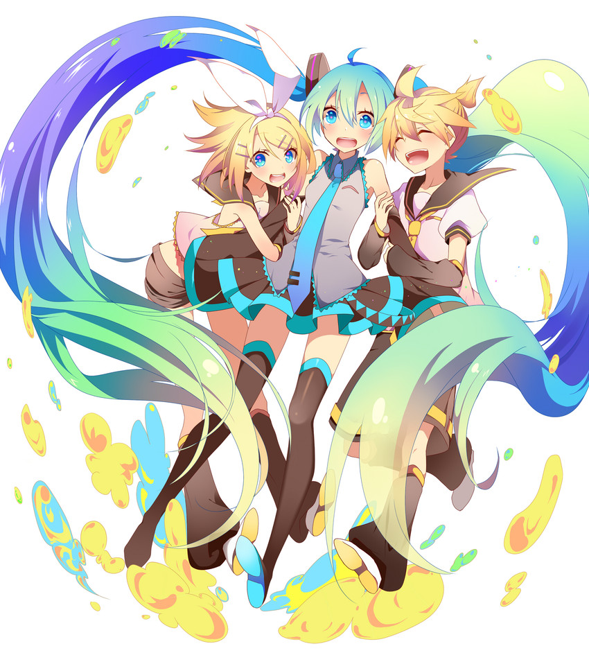 hatsune miku, kagamine rin, and kagamine len (vocaloid) drawn by temari_(deae)