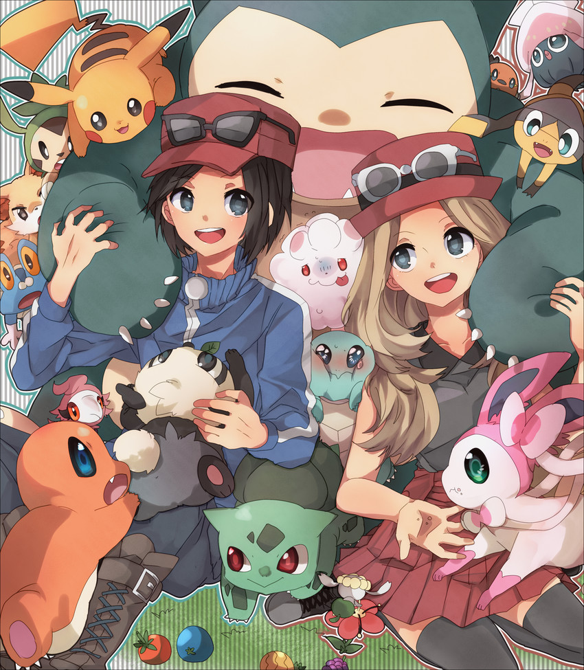 pikachu, serena, sylveon, bulbasaur, squirtle, and 13 more (pokemon and 1 more) drawn by mari03mo