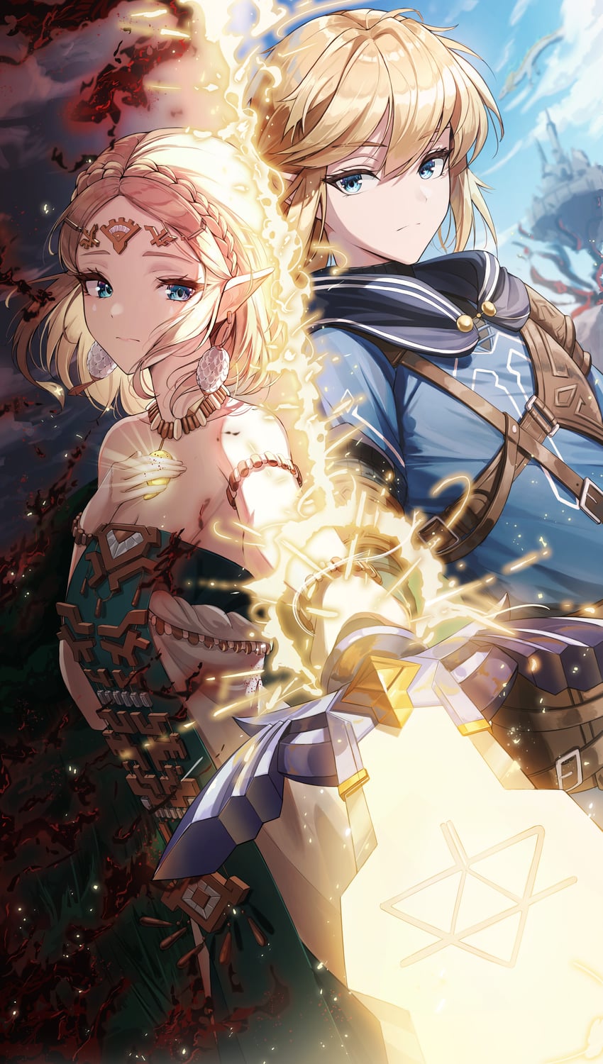 link and princess zelda (the legend of zelda and 1 more) drawn by k0a