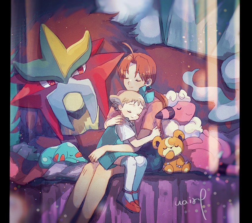 teddiursa, delia ketchum, entei, flaaffy, phanpy, and 1 more (pokemon and 1 more) drawn by hanenbo