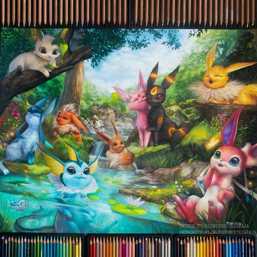 eevee, sylveon, umbreon, glaceon, vaporeon, and 5 more (pokemon) drawn by blondynkitezgraja