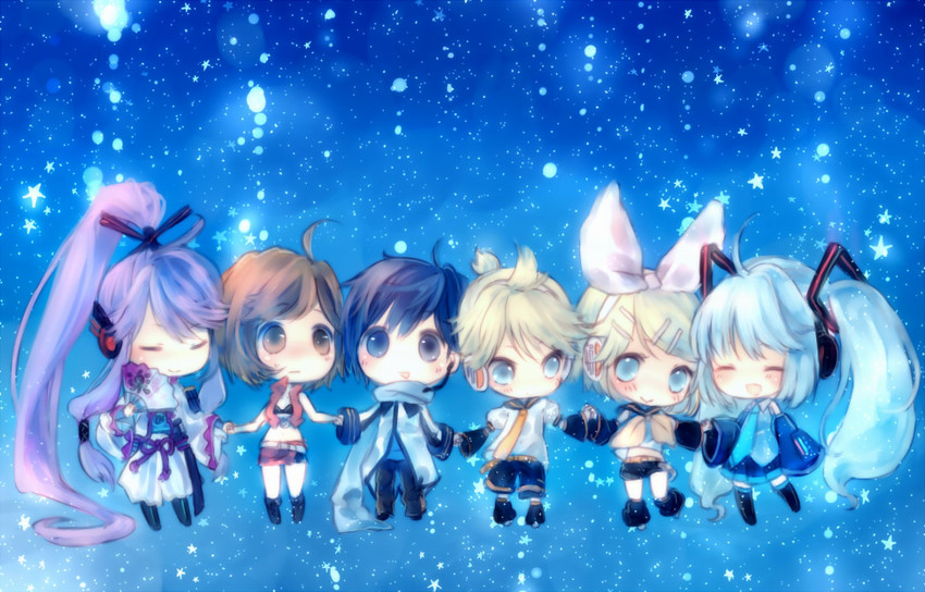 hatsune miku, kagamine rin, kagamine len, kaito, meiko, and 1 more (vocaloid) drawn by onineko