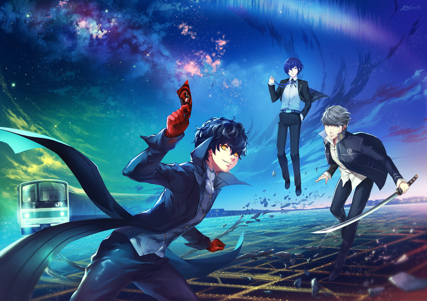 narukami yu, yuuki makoto, amamiya ren, and joker (persona and 3 more) drawn by 1991_(blz)
