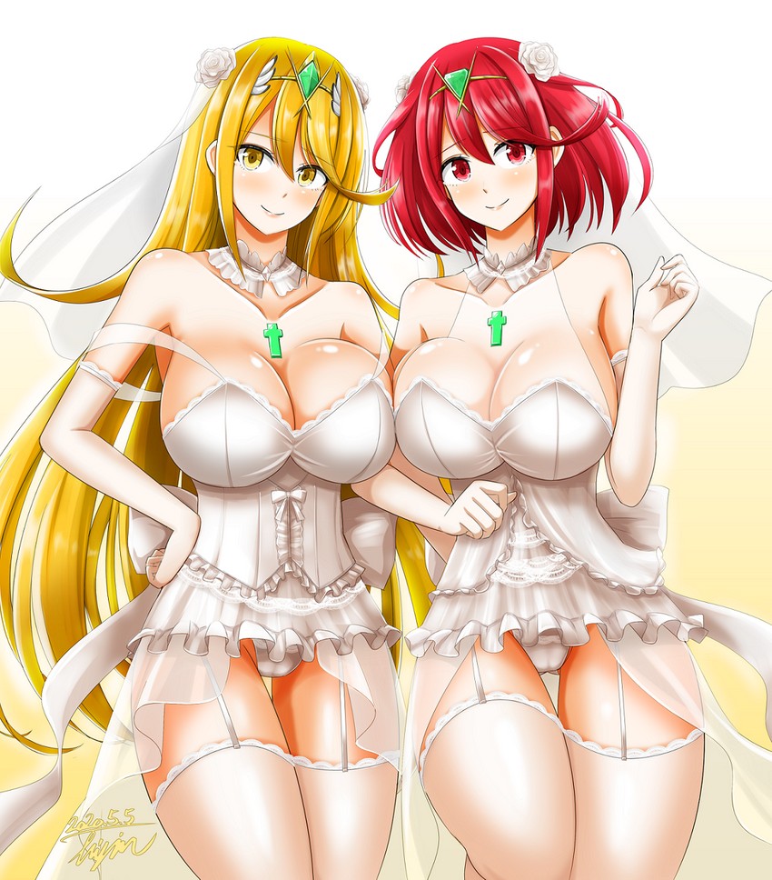 pyra and mythra (xenoblade chronicles and 1 more) drawn by hisin
