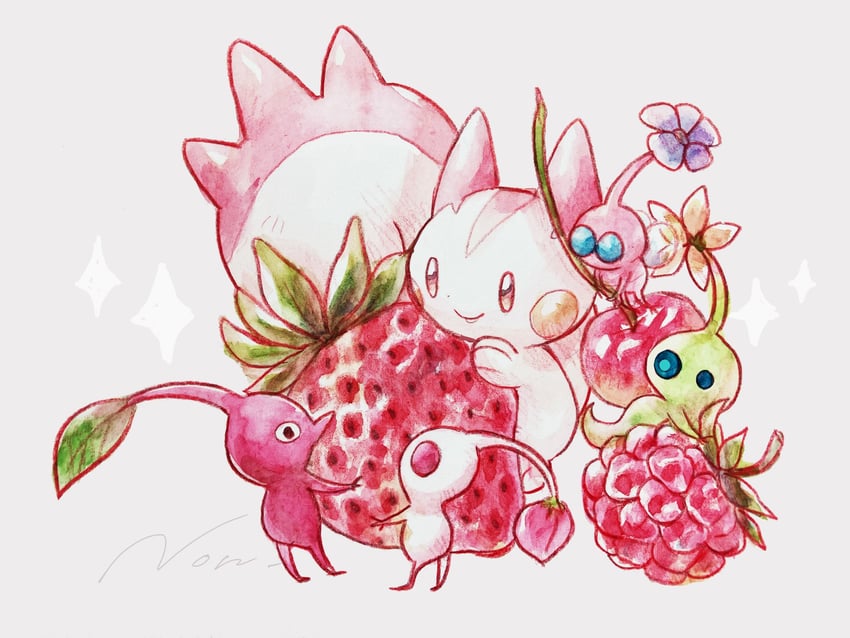 red pikmin, pachirisu, white pikmin, and glow pikmin (pokemon and 1 more) drawn by non_(kumakawayusu)