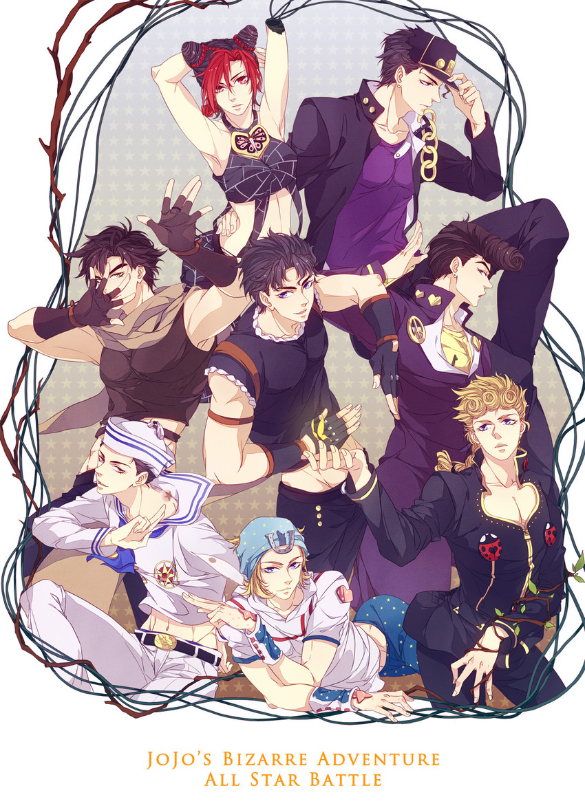 joseph joestar, kujo jotaro, kujo jolyne, giorno giovanna, jonathan joestar, and 2 more (jojo no kimyou na bouken and 8 more) drawn by sara666