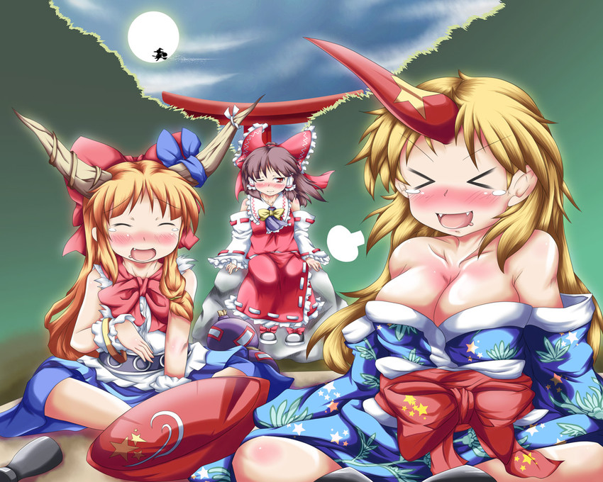 hakurei reimu, kirisame marisa, ibuki suika, and hoshiguma yuugi (touhou) drawn by konata_gazel