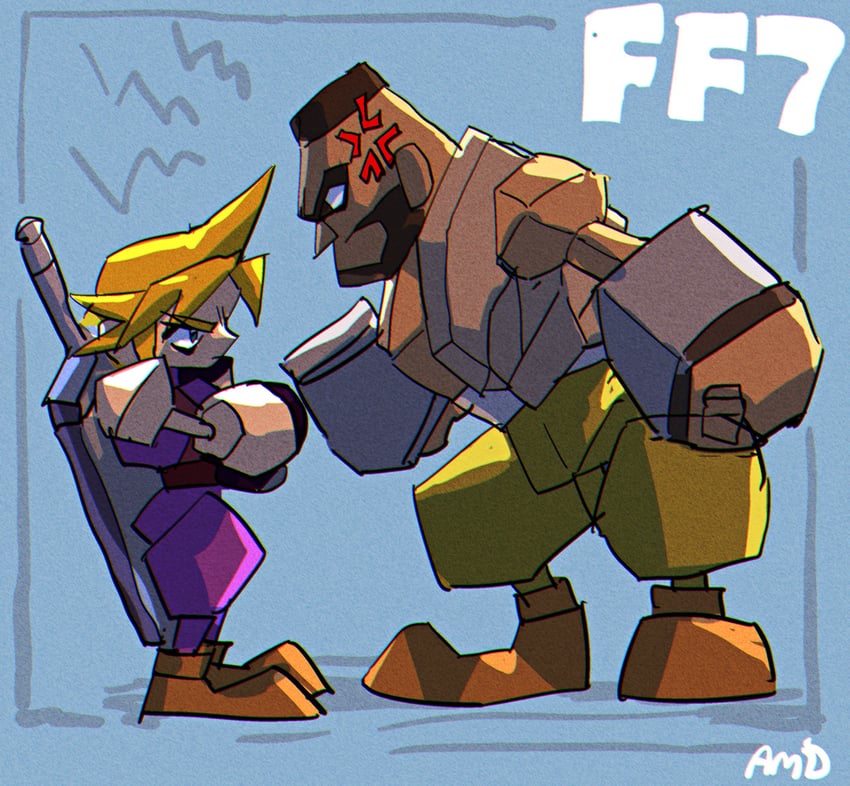 cloud strife and barret wallace (final fantasy and 1 more) drawn by amu_(omoro3bot)