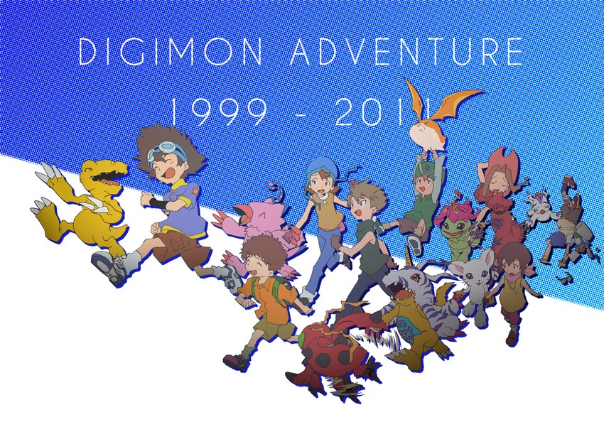 yagami hikari, yagami taichi, tailmon, agumon, tachikawa mimi, and 11 more (digimon and 1 more) drawn by kadenden