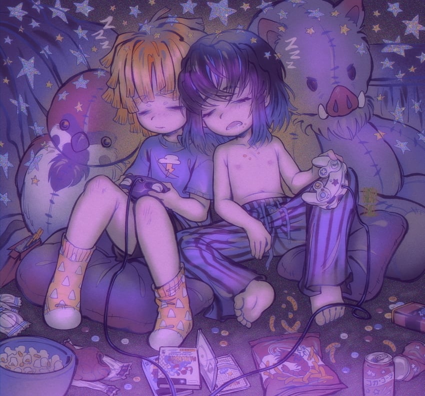 agatsuma zenitsu and hashibira inosuke (kimetsu no yaiba) drawn by gh0sttnacht