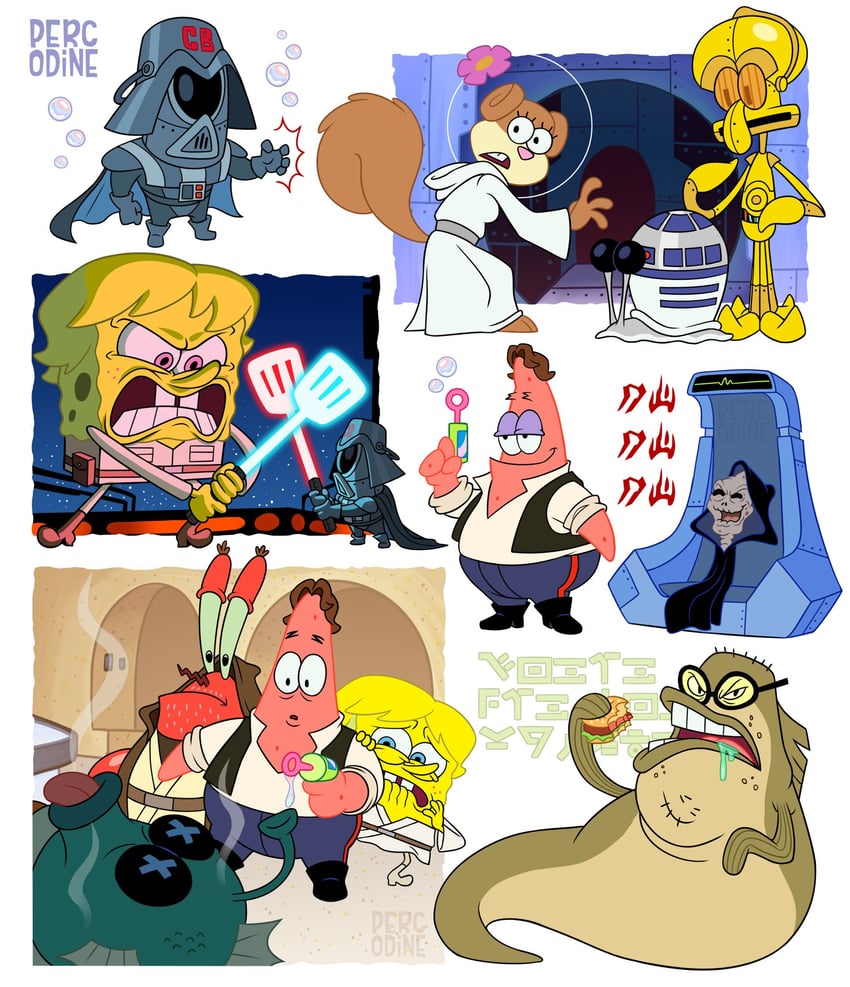 darth vader, spongebob squarepants, princess leia, patrick star, squidward tentacles, and 8 more (star wars and 1 more) drawn by percodine