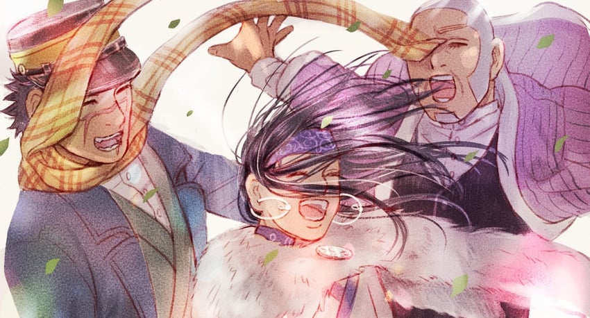 sugimoto saichi, asirpa, and shiraishi yoshitake (golden kamuy) drawn by mudi_mudi