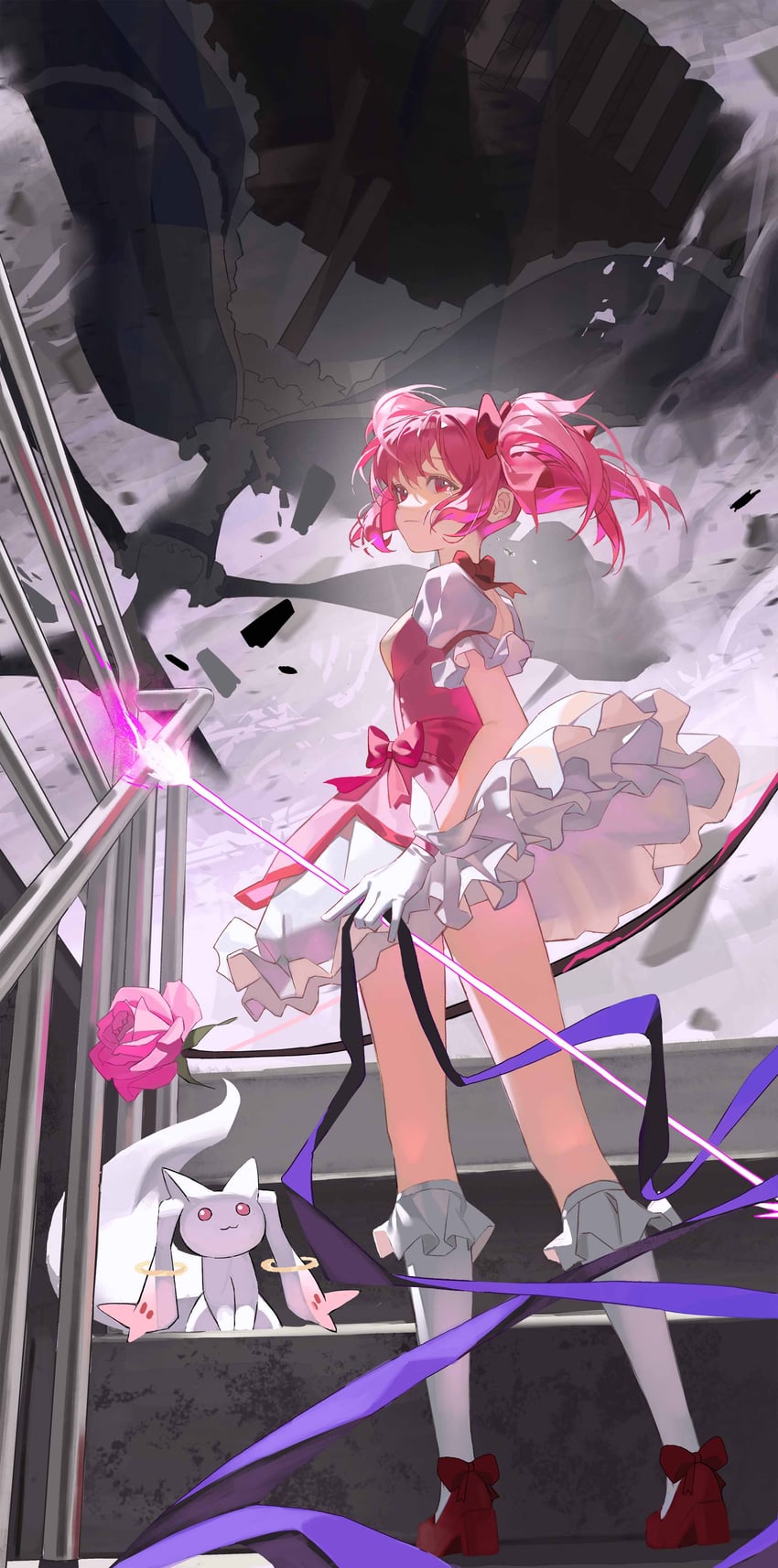 kaname madoka, kyubey, and walpurgisnacht (mahou shoujo madoka magica) drawn by qiynana