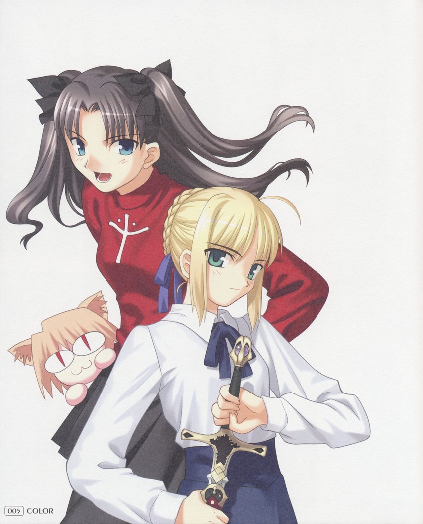 artoria pendragon, saber, tohsaka rin, and neco-arc (fate and 3 more) drawn by takeuchi_takashi