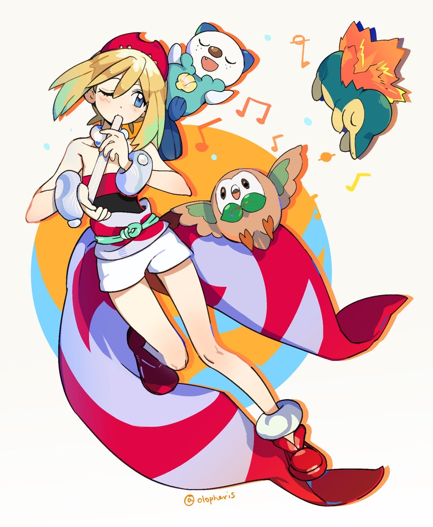 rowlet, irida, oshawott, and cyndaquil (pokemon and 1 more) drawn by olopheris