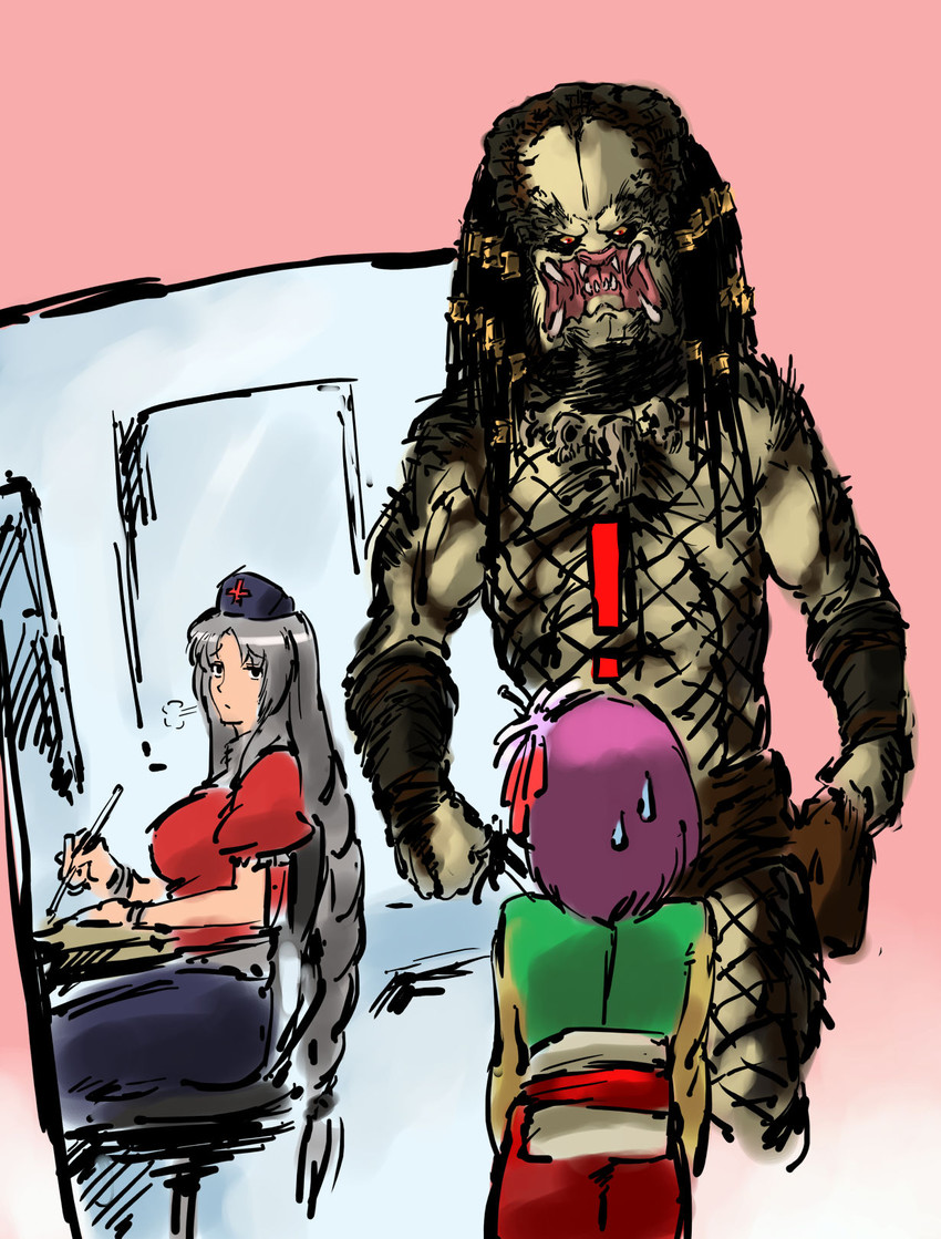 yagokoro eirin, hieda no akyuu, and predator (touhou and 1 more) drawn by nameo_(judgemasterkou)