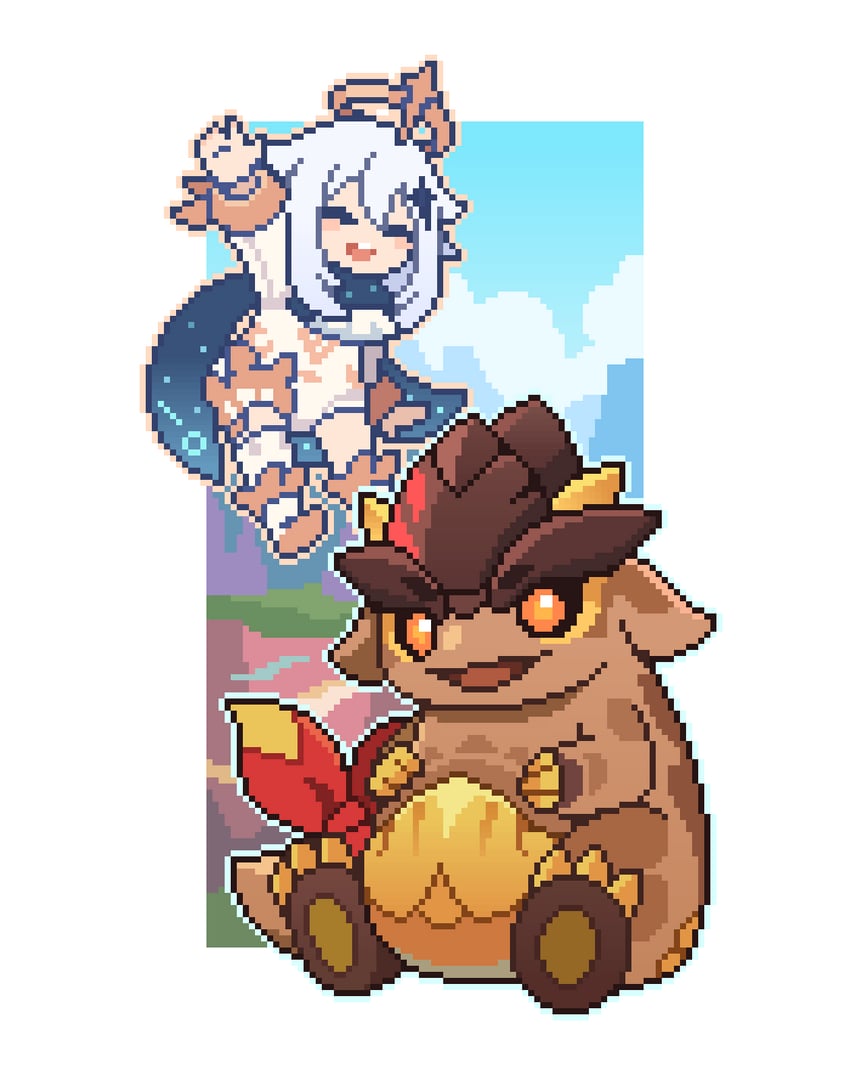 paimon, tepetlisaurus, and little one (genshin impact) drawn by ppyok_1017