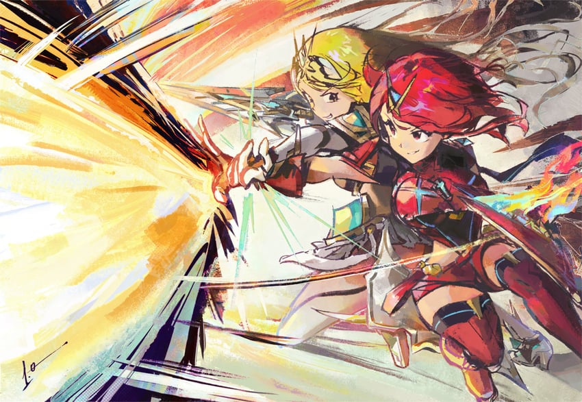 pyra and mythra (xenoblade chronicles and 1 more) drawn by onepointzero