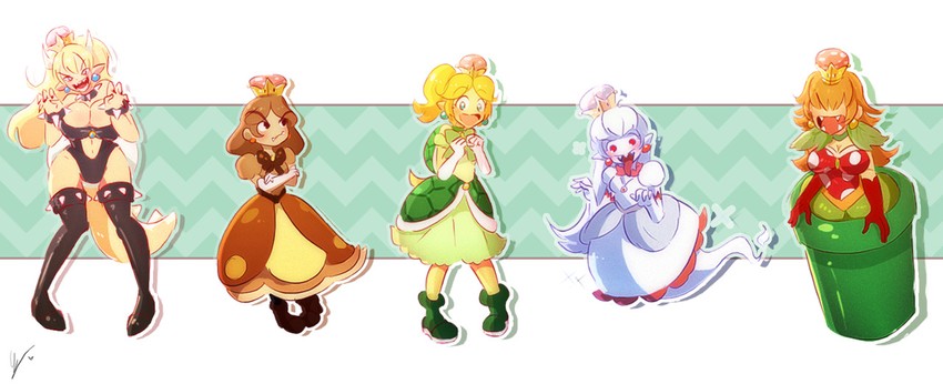 bowsette, princess king boo, princess piranha plant, princess goomba, and princess koopa troopa (mario and 2 more) drawn by endifi