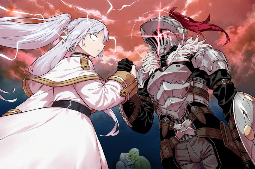 frieren, goblin slayer, and dwarf shaman (sousou no frieren and 1 more) drawn by haraya_manawari