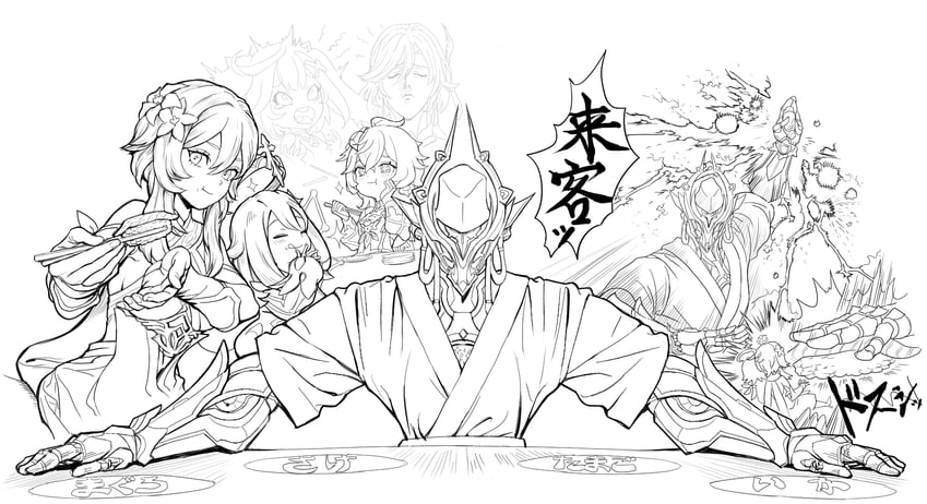 lumine, scaramouche, paimon, kaveh, collei, and 1 more (genshin impact) drawn by cosmic_bear