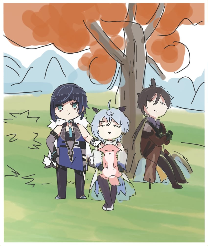 ganyu, yae miko, zhongli, and yelan (genshin impact) drawn by xinzoruo