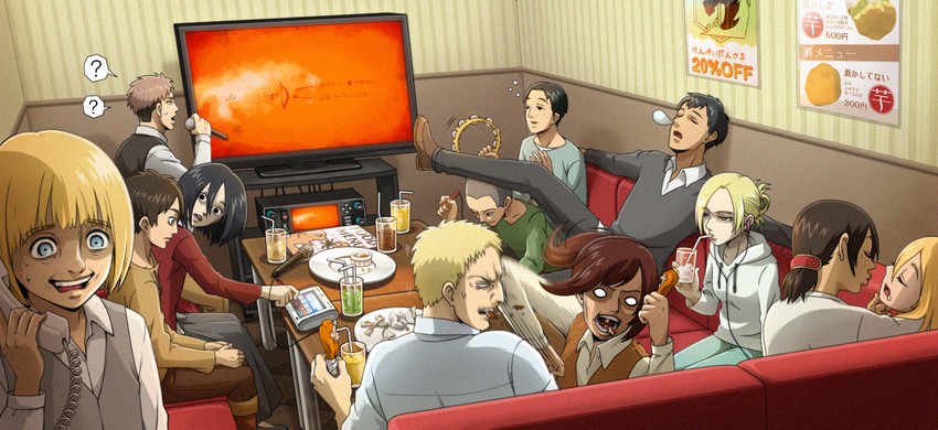 mikasa ackerman, eren yeager, krista lenz, ymir, reiner braun, and 8 more (shingeki no kyojin) drawn by maedatomoko