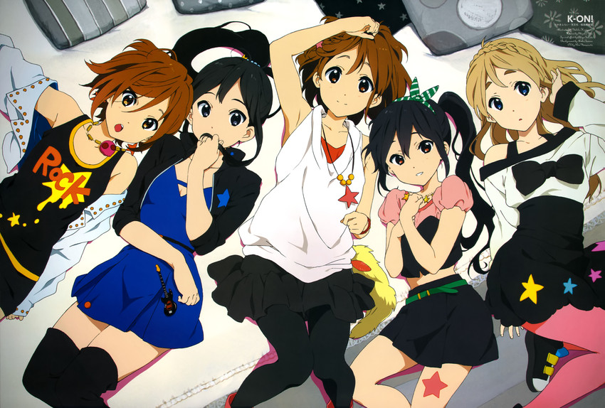 akiyama mio, nakano azusa, hirasawa yui, tainaka ritsu, and kotobuki tsumugi (k-on!) drawn by horiguchi_yukiko, takeda_akiyo, tamine_ikuko, uno_shizuka, and yamamoto_rin