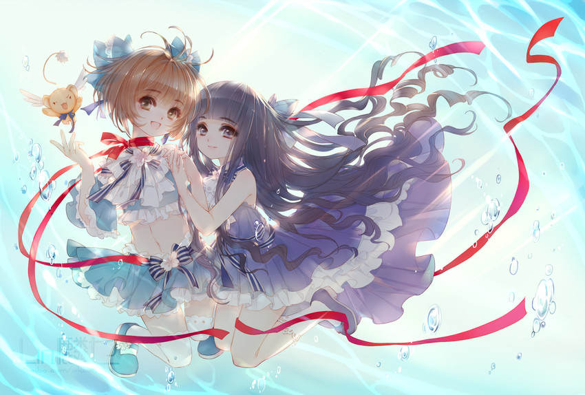 kinomoto sakura, kero, and daidouji tomoyo (cardcaptor sakura) drawn by keylin-lin-