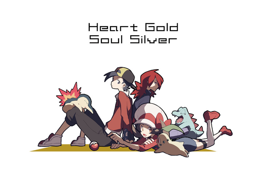 ethan, lyra, silver, cyndaquil, chikorita, and 1 more (pokemon and 1 more) drawn by domu_(hamadura)