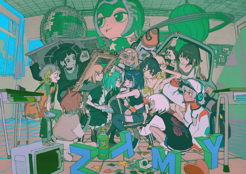 nira-chan, uniguri, kira, and naga (zutto mayonaka de ii no ni and 11 more) drawn by komugiko_2000