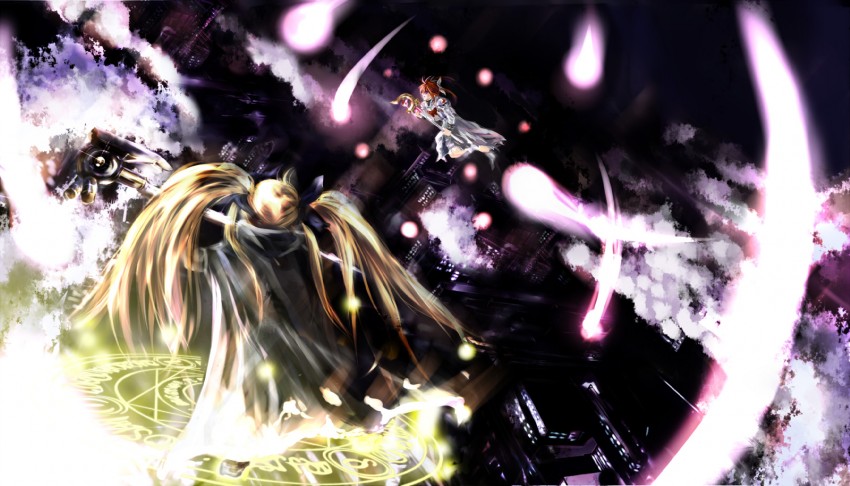 fate testarossa, takamachi nanoha, raising heart, and bardiche (lyrical nanoha and 1 more) drawn by ego6