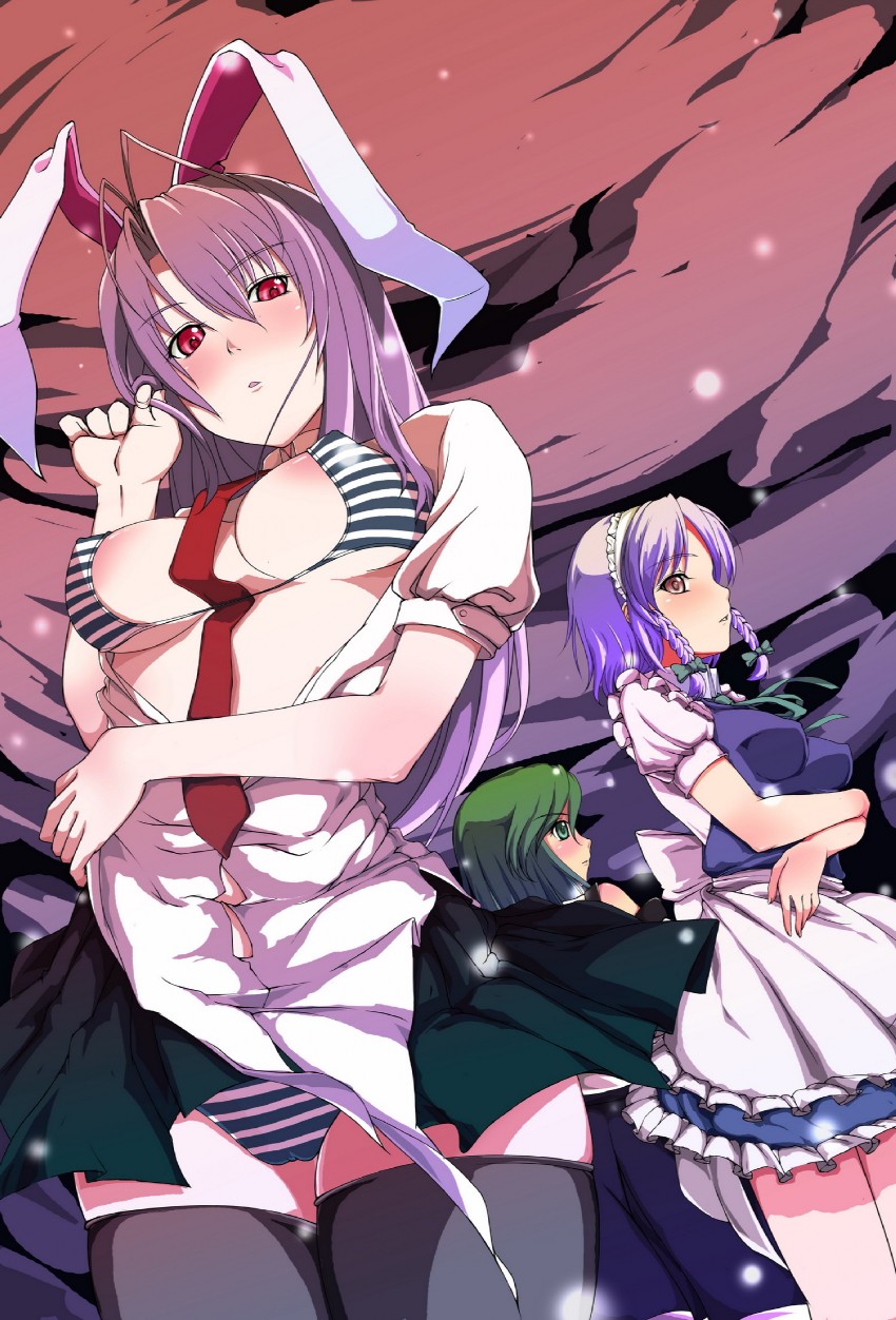 izayoi sakuya, kochiya sanae, and reisen udongein inaba (touhou) drawn by laida