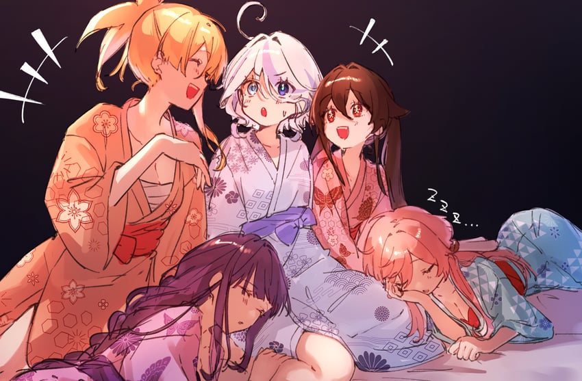 raiden shogun, hu tao, furina, yoimiya, and yanfei (genshin impact) drawn by imasaki_kei