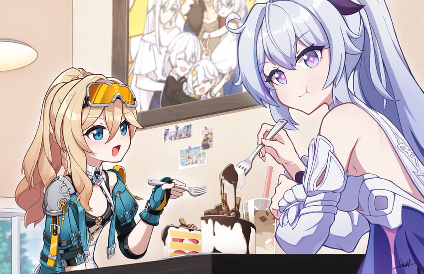 kiana kaslana, theresa apocalypse, durandal, cecilia schariac, and siegfried kaslana (honkai and 1 more) drawn by shuni_valentine